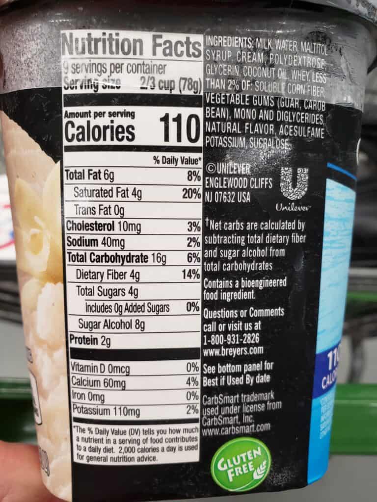 Breyers Carb Smart Ice Cream label